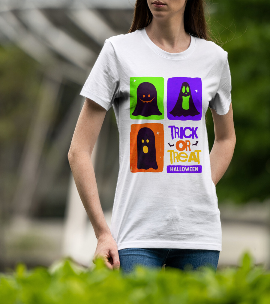 Halloween Trick Or Treat Ghosts In Colorful Boxes T-Shirt