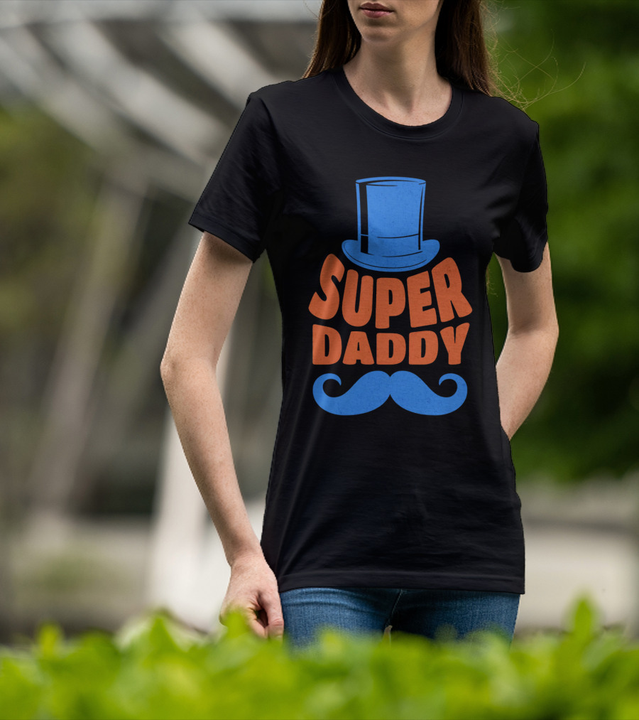 Super Daddy Mustache Top Hat Blue T-Shirt