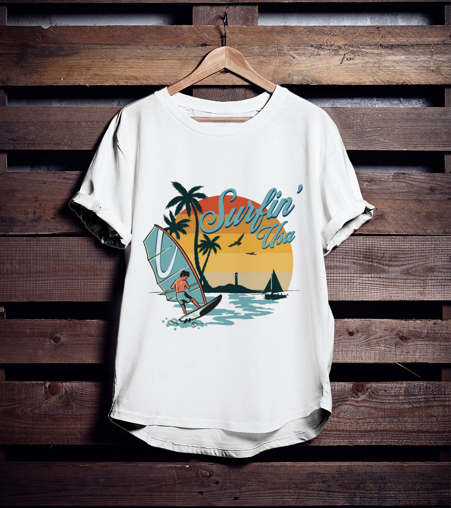 Surfin' Usa Retro Sunset Windsurfer Palm Trees Ocean Scene T-Shirt
