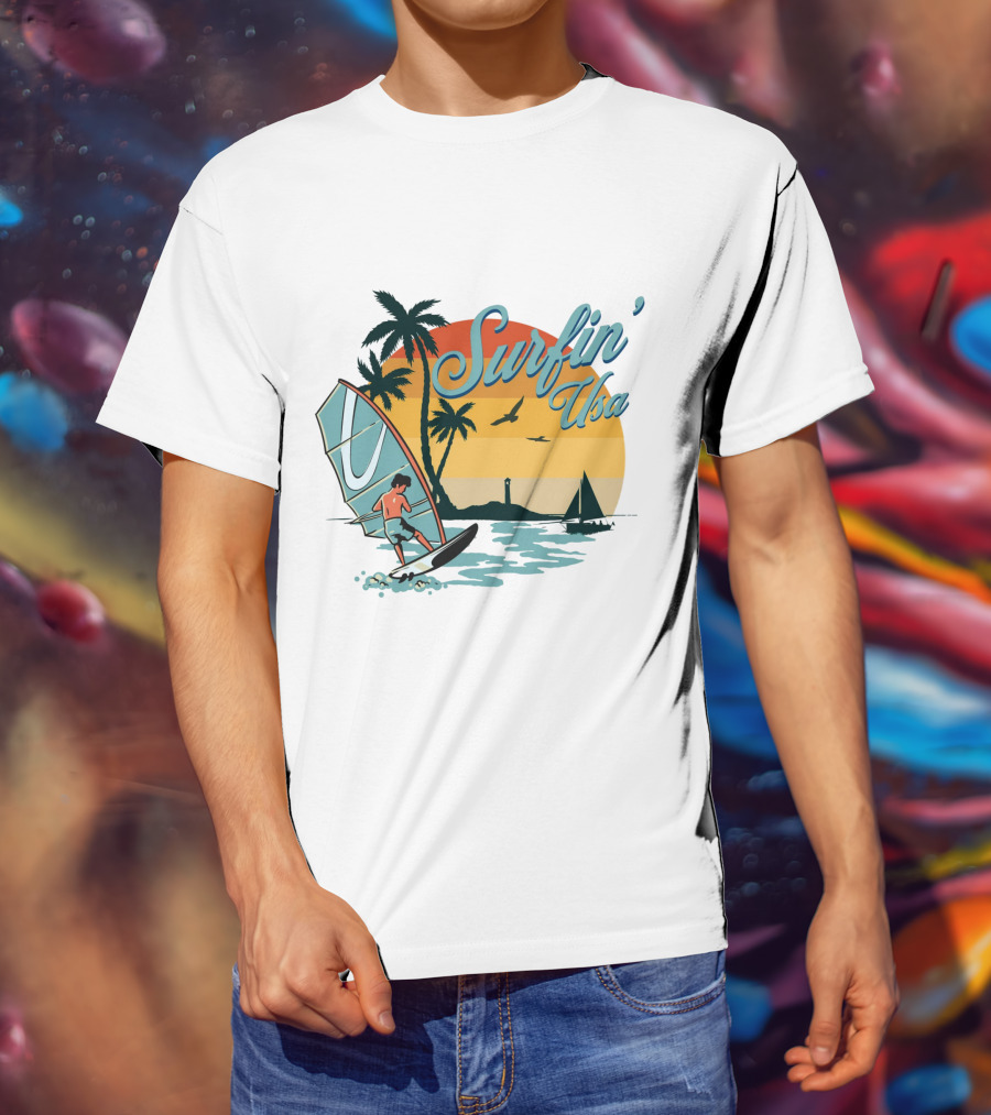 Surfin' Usa Retro Sunset Windsurfer Palm Trees Ocean Scene T-Shirt