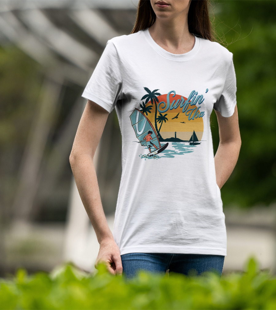 Surfin' Usa Retro Sunset Windsurfer Palm Trees Ocean Scene T-Shirt