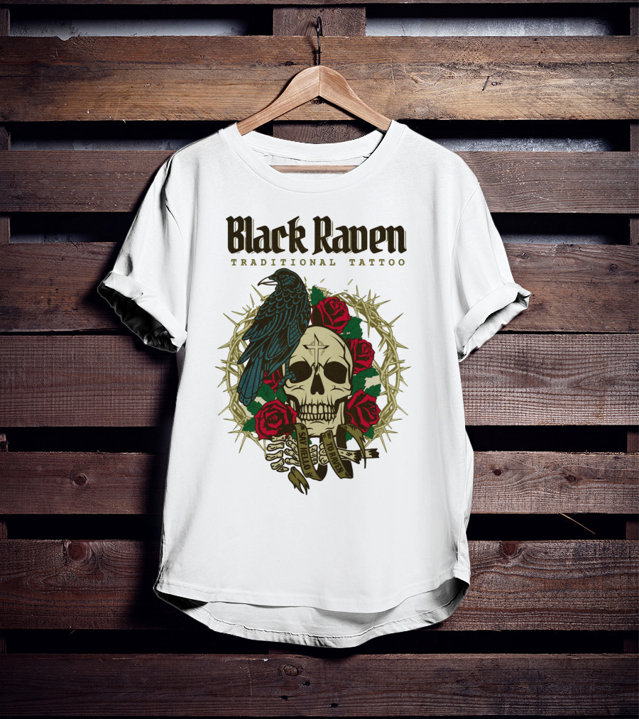 Black Raven Traditional Tattoo Skull Roses Thorns T-Shirt