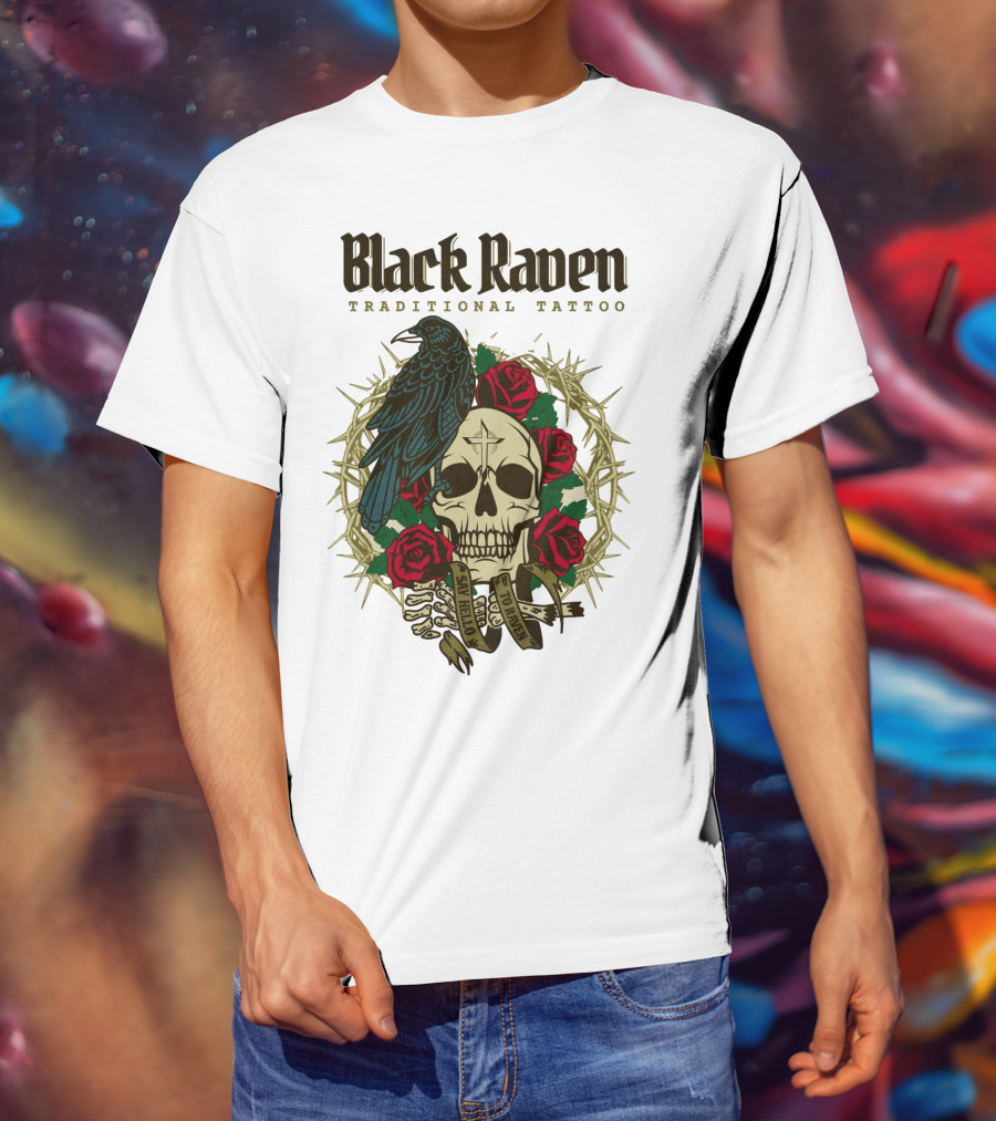 Black Raven Traditional Tattoo Skull Roses Thorns T-Shirt