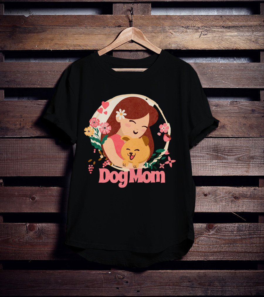 Dog Mom With Happy Puppy And Floral Heart Circle T-Shirt
