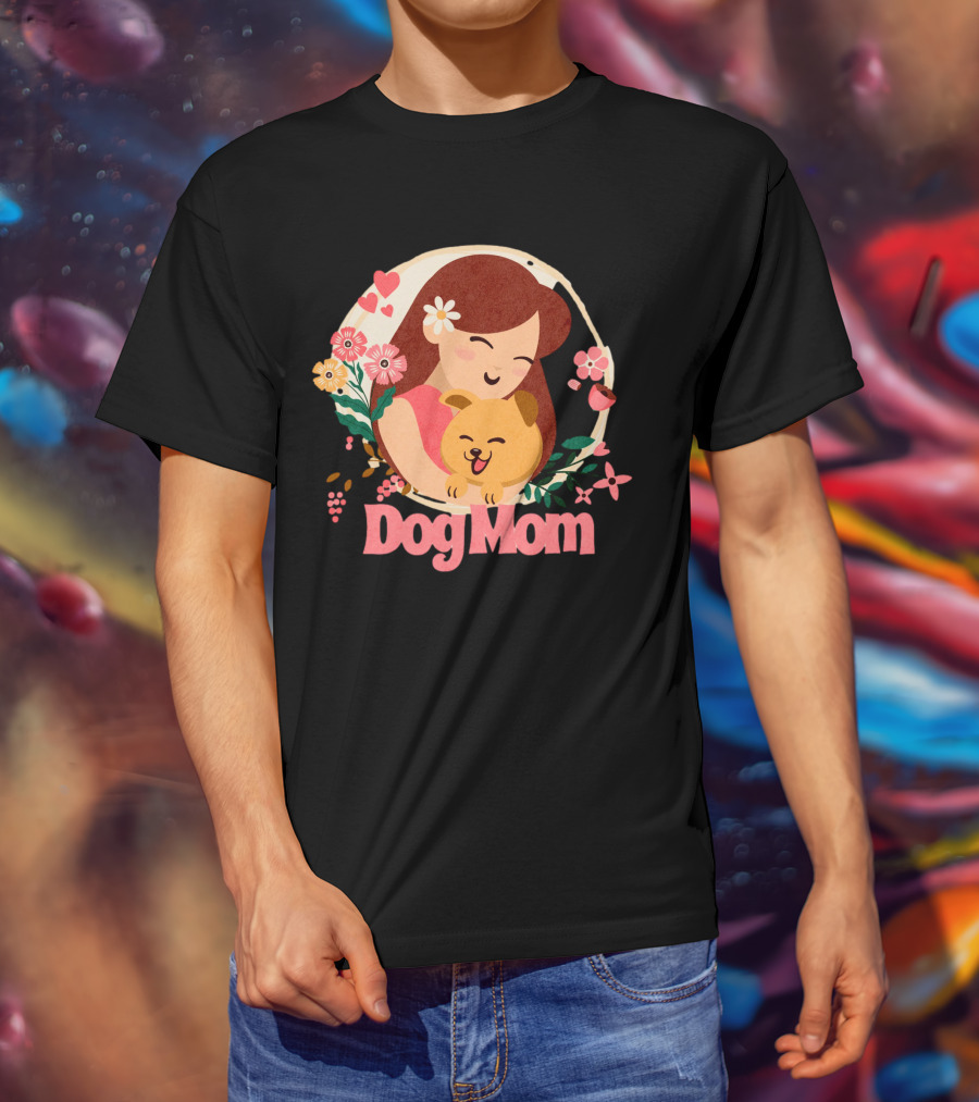 Dog Mom With Happy Puppy And Floral Heart Circle T-Shirt