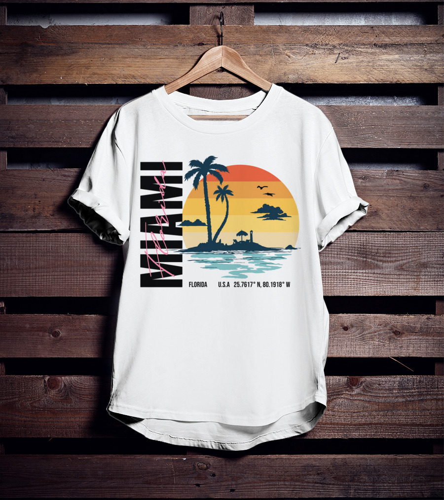 Florida Miami Beach Sunset Coordinates Palm Trees T-Shirt