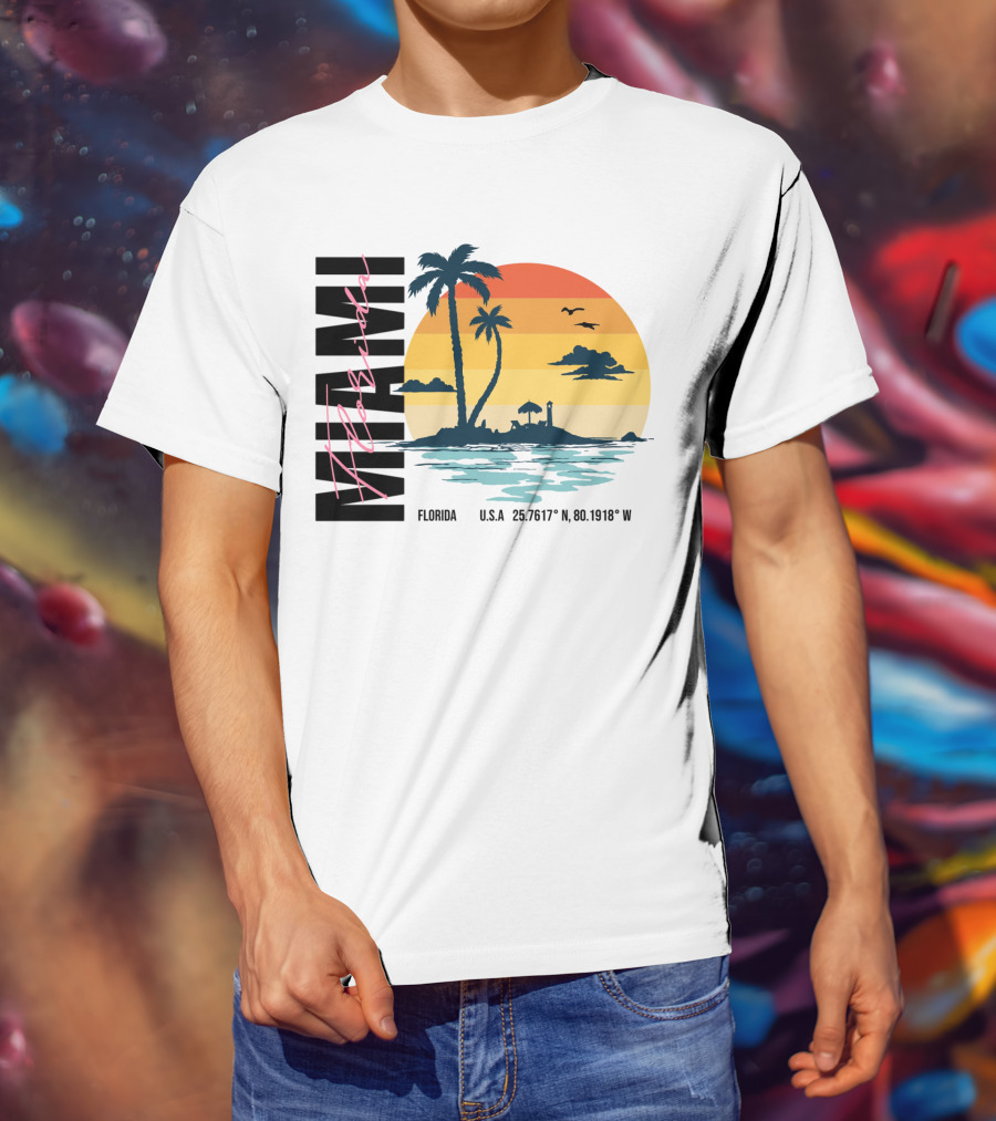 Florida Miami Beach Sunset Coordinates Palm Trees T-Shirt