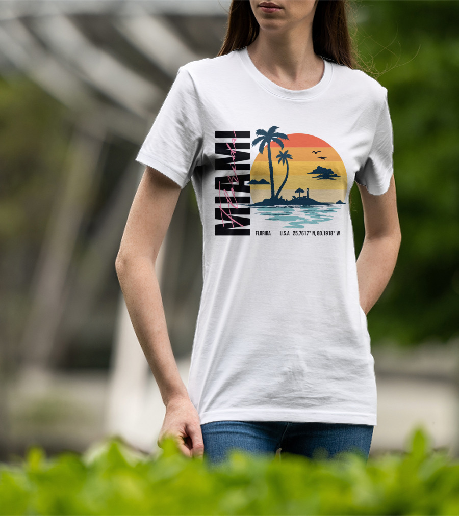 Florida Miami Beach Sunset Coordinates Palm Trees T-Shirt