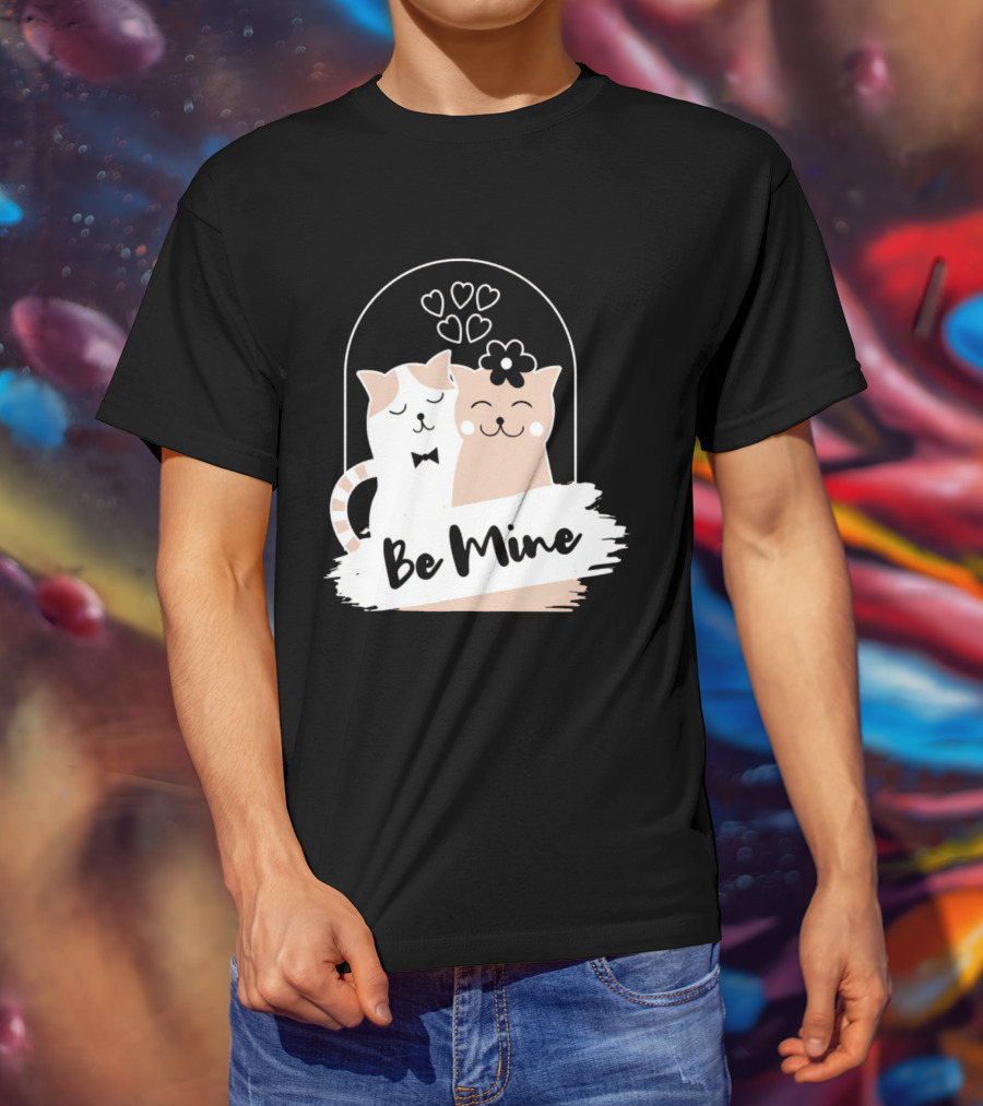 Be Mine Cute Cat Couple With Hearts And Bow Tie T-Shirt