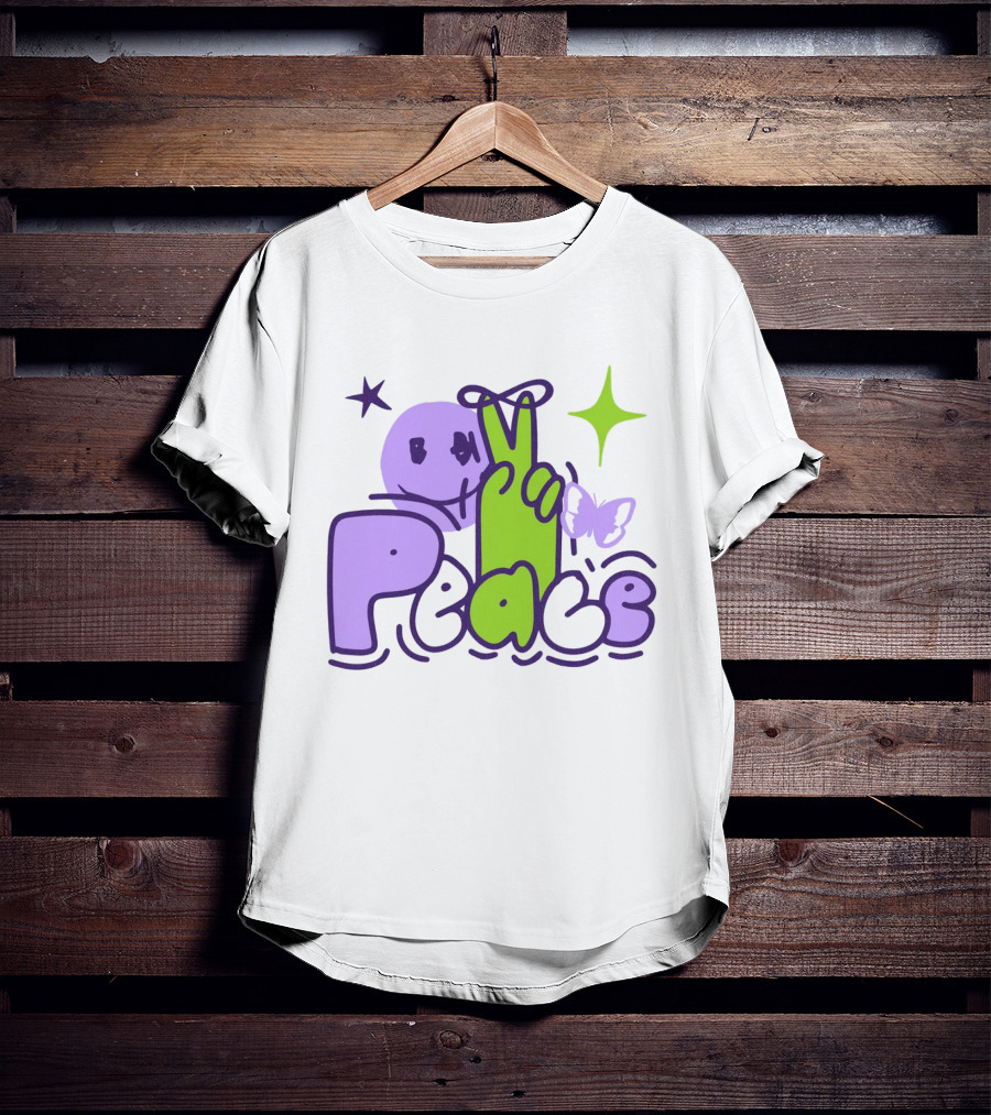 Peace Doodle Smiley Face Butterfly Star Purple Green T-Shirt