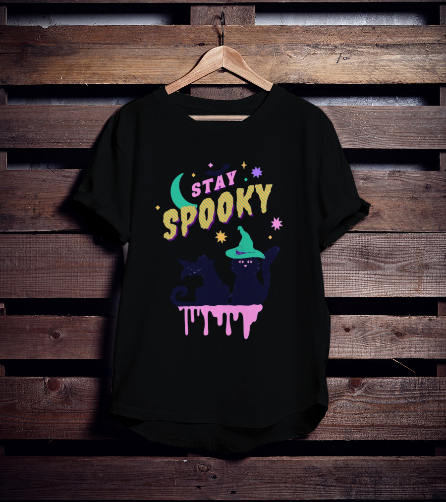 Stay Spooky Halloween Cats Moon Witch Hat Dripping Stars T-Shirt