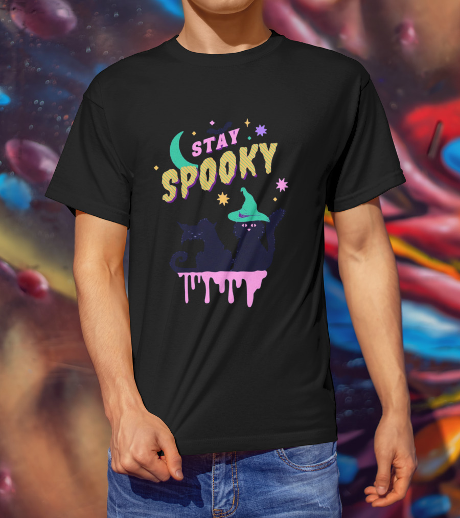 Stay Spooky Halloween Cats Moon Witch Hat Dripping Stars T-Shirt