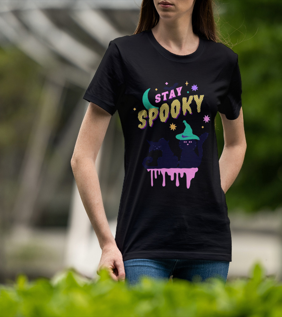 Stay Spooky Halloween Cats Moon Witch Hat Dripping Stars T-Shirt