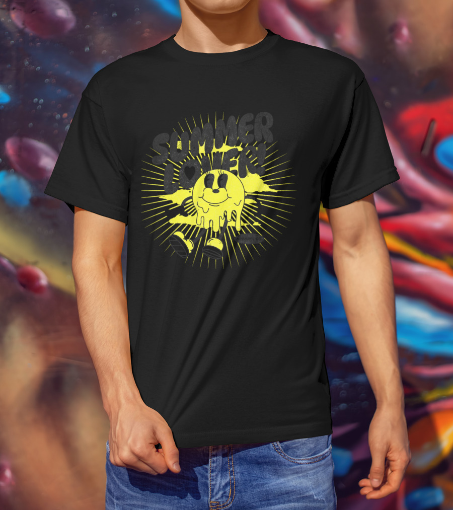 Summer Lover Cartoon Melting Smiley With Radiant Sunburst Background T-Shirt