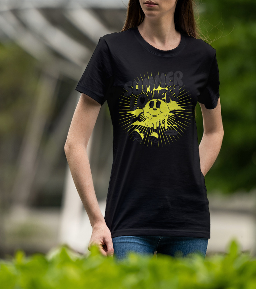 Summer Lover Cartoon Melting Smiley With Radiant Sunburst Background T-Shirt