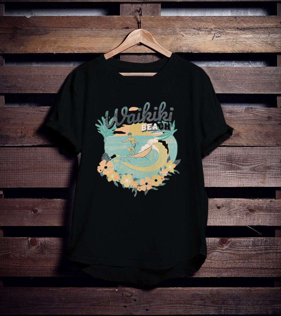 Waikiki Beach Vintage Surfing Adventure Floral T-Shirt