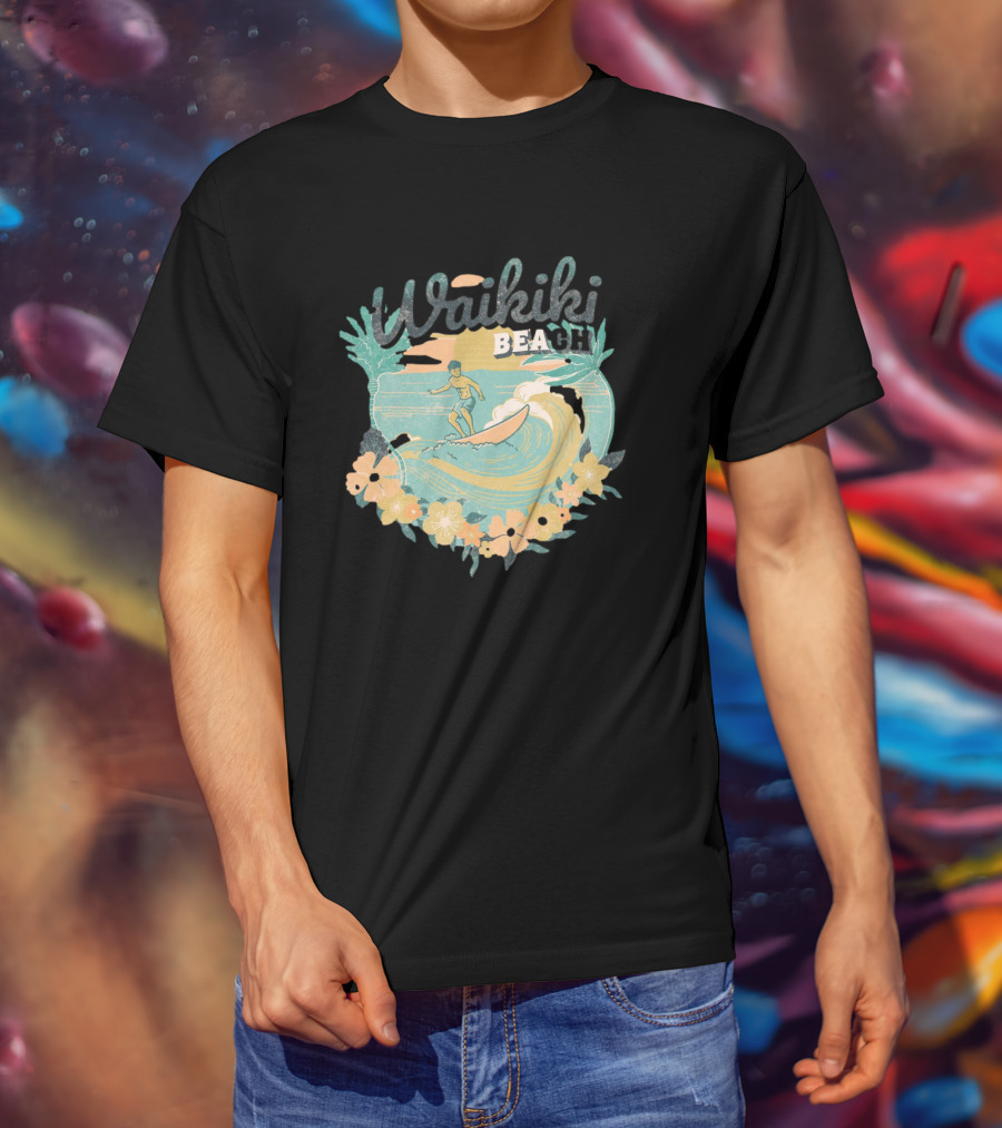 Waikiki Beach Vintage Surfing Adventure Floral T-Shirt