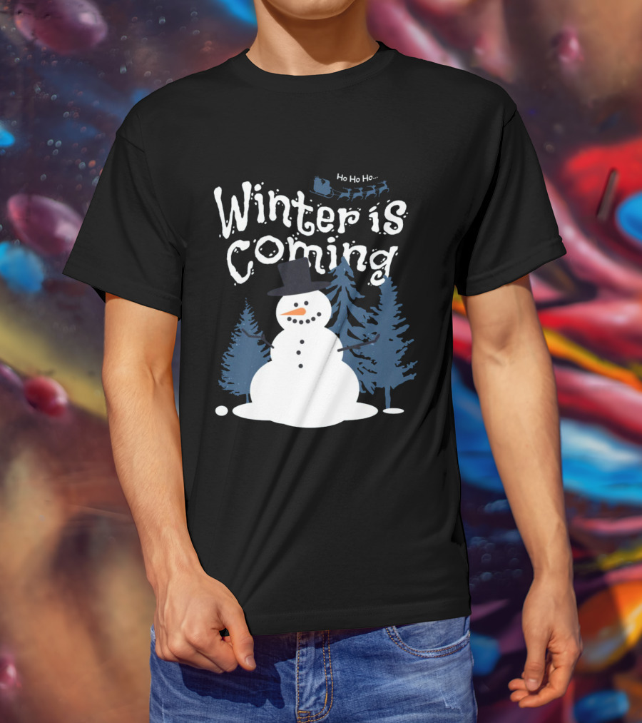 Winter Is Coming Snowman With Ho Ho Ho Santa Sleigh T-Shirt