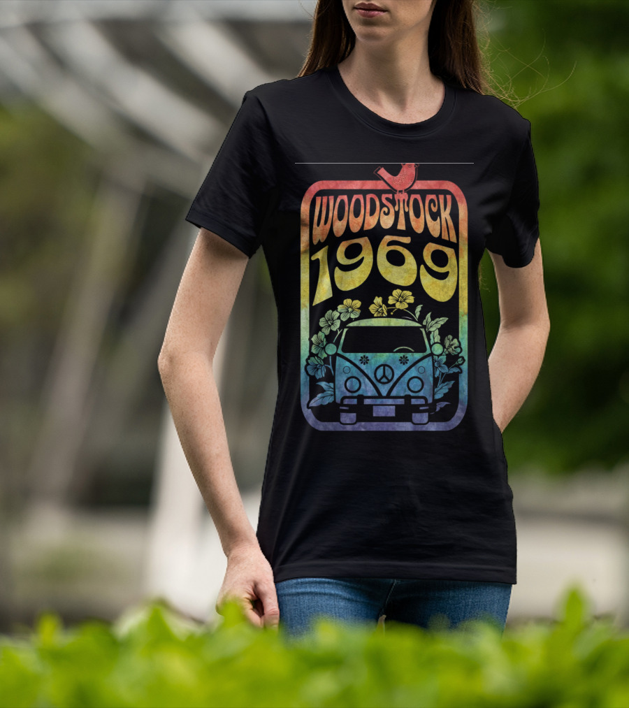 Woodstock 1969 Colorful Campervan Peace Symbol With Flowers T-Shirt
