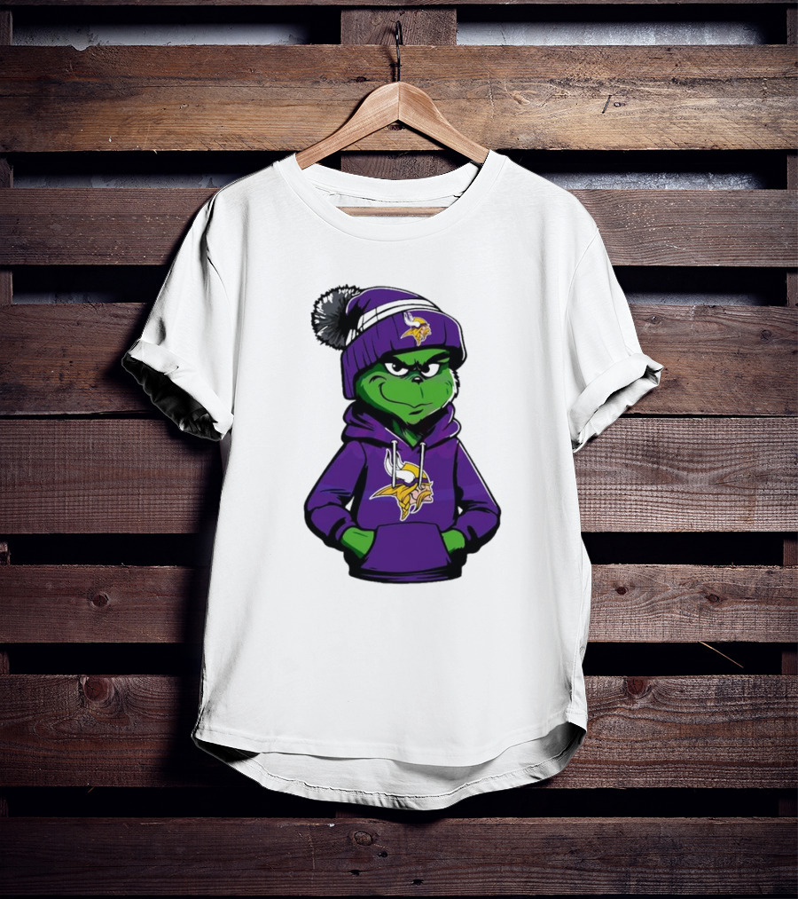 Grinch In Minnesota Vikings Hoodie And Hat With Team T-Shirt