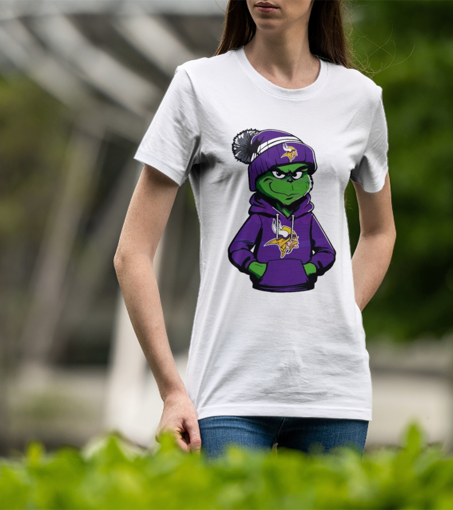 Grinch In Minnesota Vikings Hoodie And Hat With Team T-Shirt