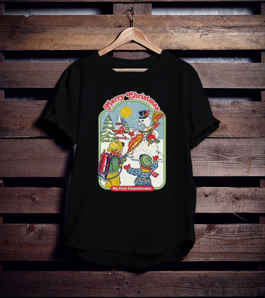 Merry Christmas My First Flamethrower Vintage Snowman Scene T-Shirt