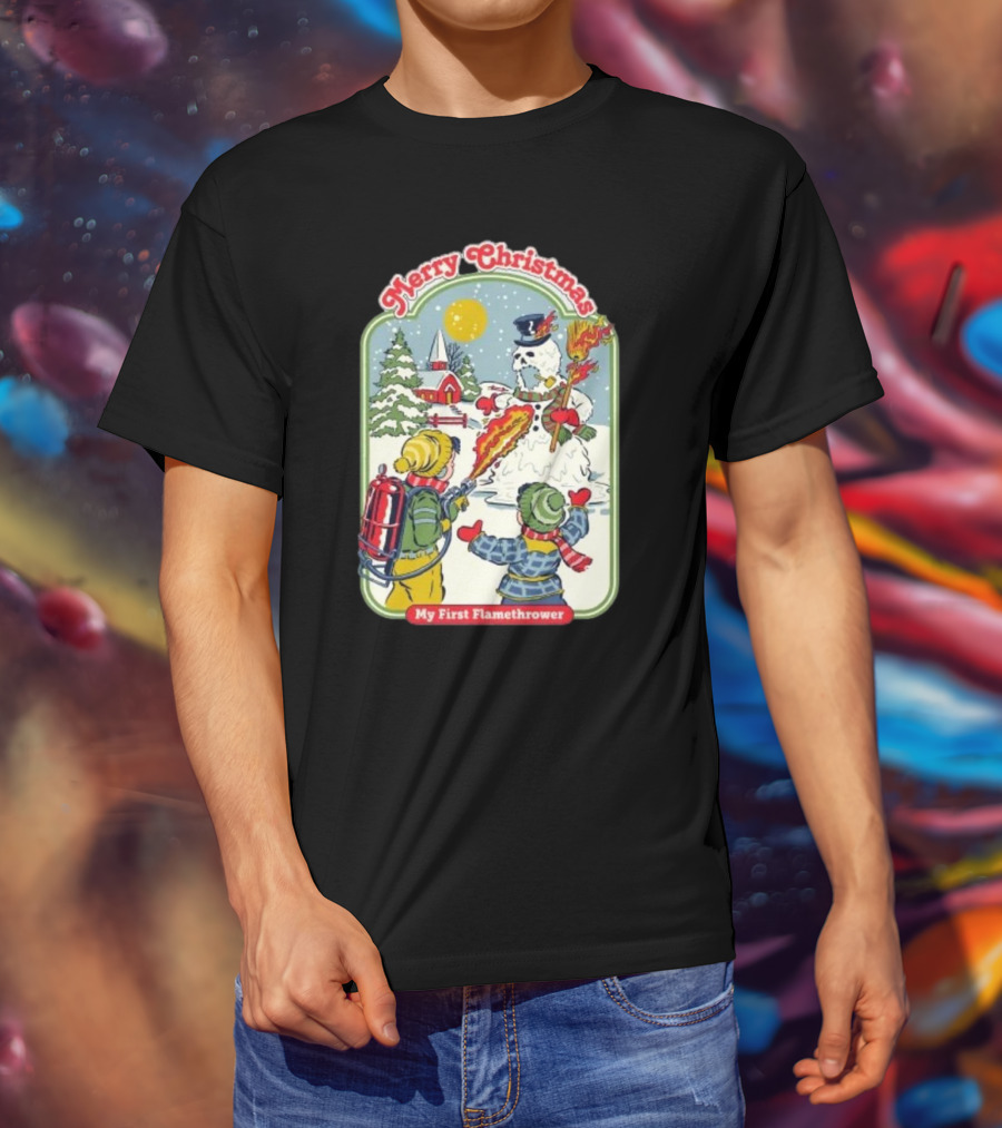 Merry Christmas My First Flamethrower Vintage Snowman Scene T-Shirt