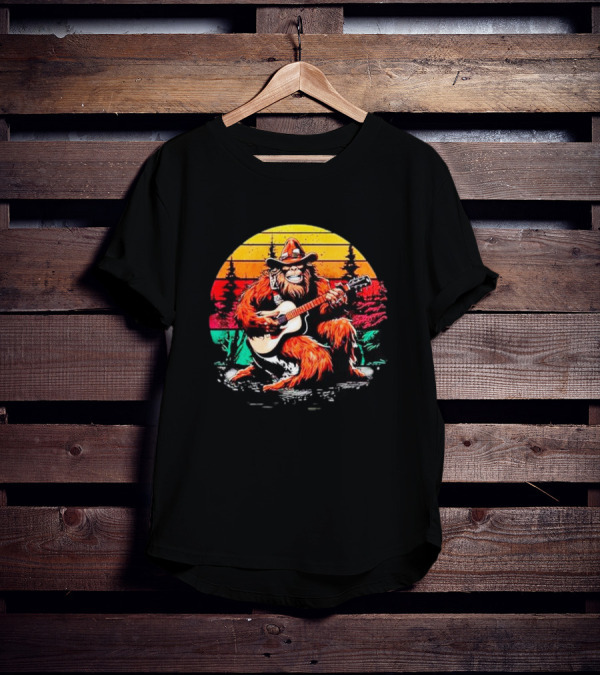Bigfoot Playing Guitar Retro Sunset Forest Vintage Styles T-Shirt