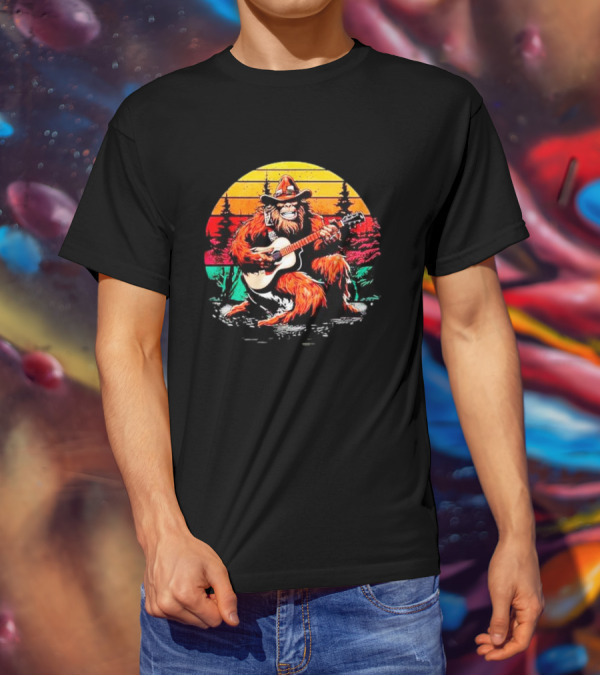Bigfoot Playing Guitar Retro Sunset Forest Vintage Styles T-Shirt