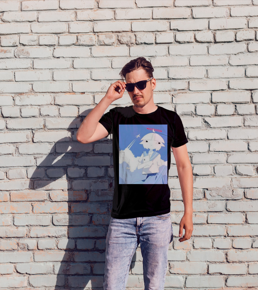 Chew’s District Clowdy Angelic Character Holding Notebook In Blue Sky With Airplane T-Shirt