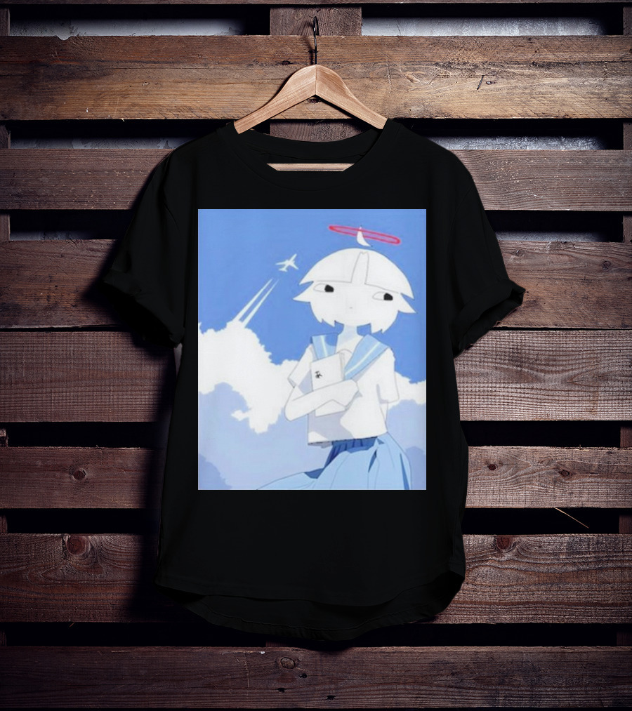 Chew’s District Clowdy Angelic Character Holding Notebook In Blue Sky With Airplane T-Shirt