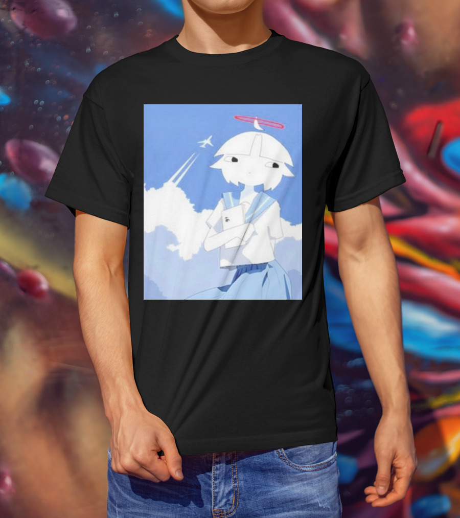 Chew’s District Clowdy Angelic Character Holding Notebook In Blue Sky With Airplane T-Shirt