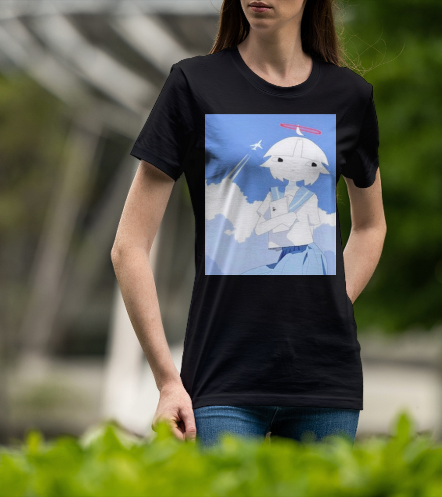 Chew’s District Clowdy Angelic Character Holding Notebook In Blue Sky With Airplane T-Shirt