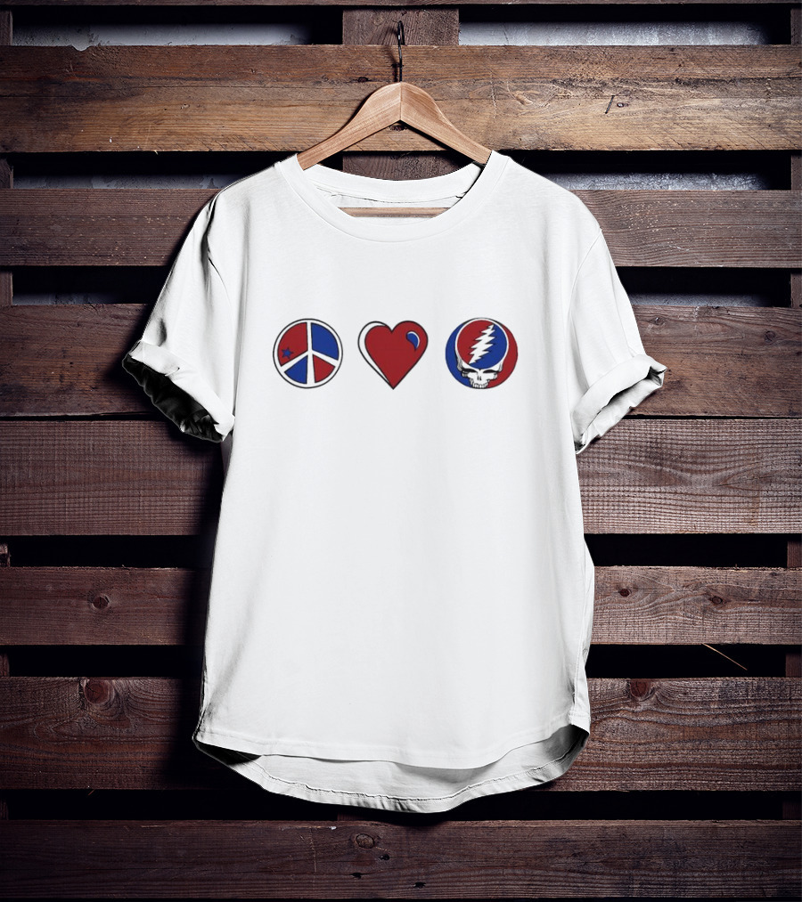 Love Peace Grateful Dead Skull Red And Blue Icons T-Shirt