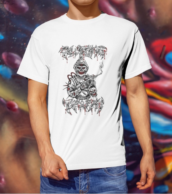 Blazing Truth Horror Skull Soldier With Rifle And Dripping Red Accents T-Shirt