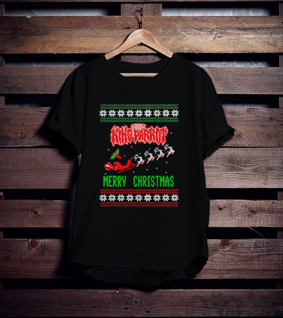 King Parrot Merry Christmas Ugly Sweater Rudolf Reindeer Sleigh Snowflakes T-Shirt