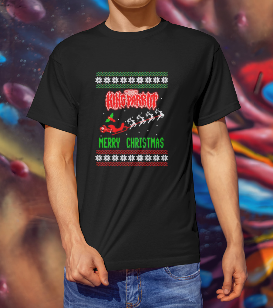 King Parrot Merry Christmas Ugly Sweater Rudolf Reindeer Sleigh Snowflakes T-Shirt