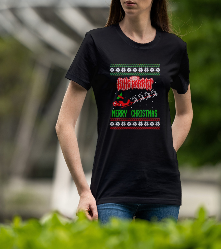 King Parrot Merry Christmas Ugly Sweater Rudolf Reindeer Sleigh Snowflakes T-Shirt