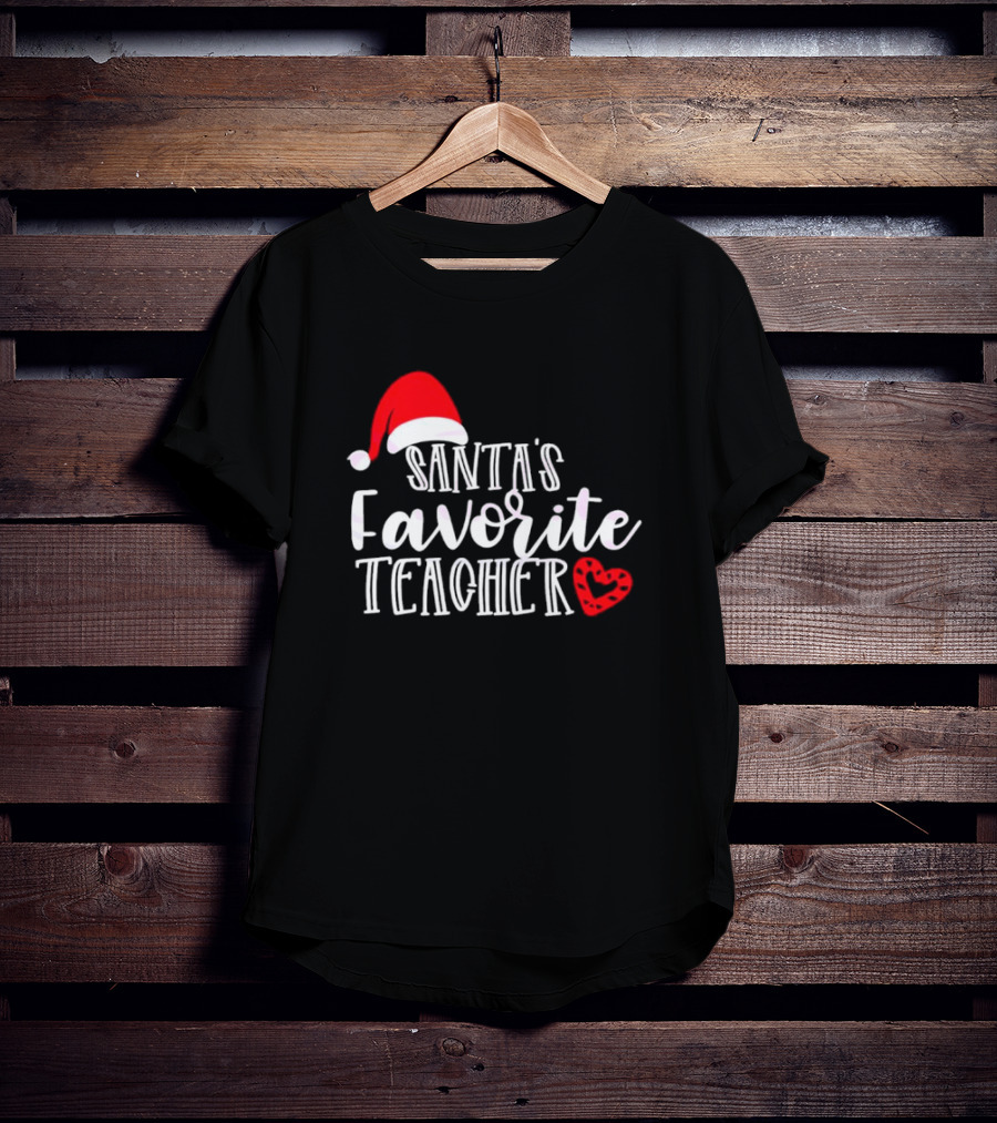 Santa's Favorite Teacher Christmas Red Heart Santa Hat T-Shirt