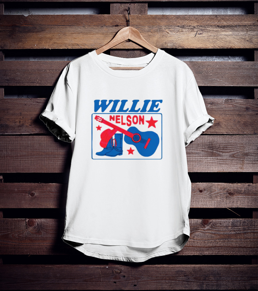 WILLIE NELSON Guitar Cowboy Boots Hat Stars T-Shirt