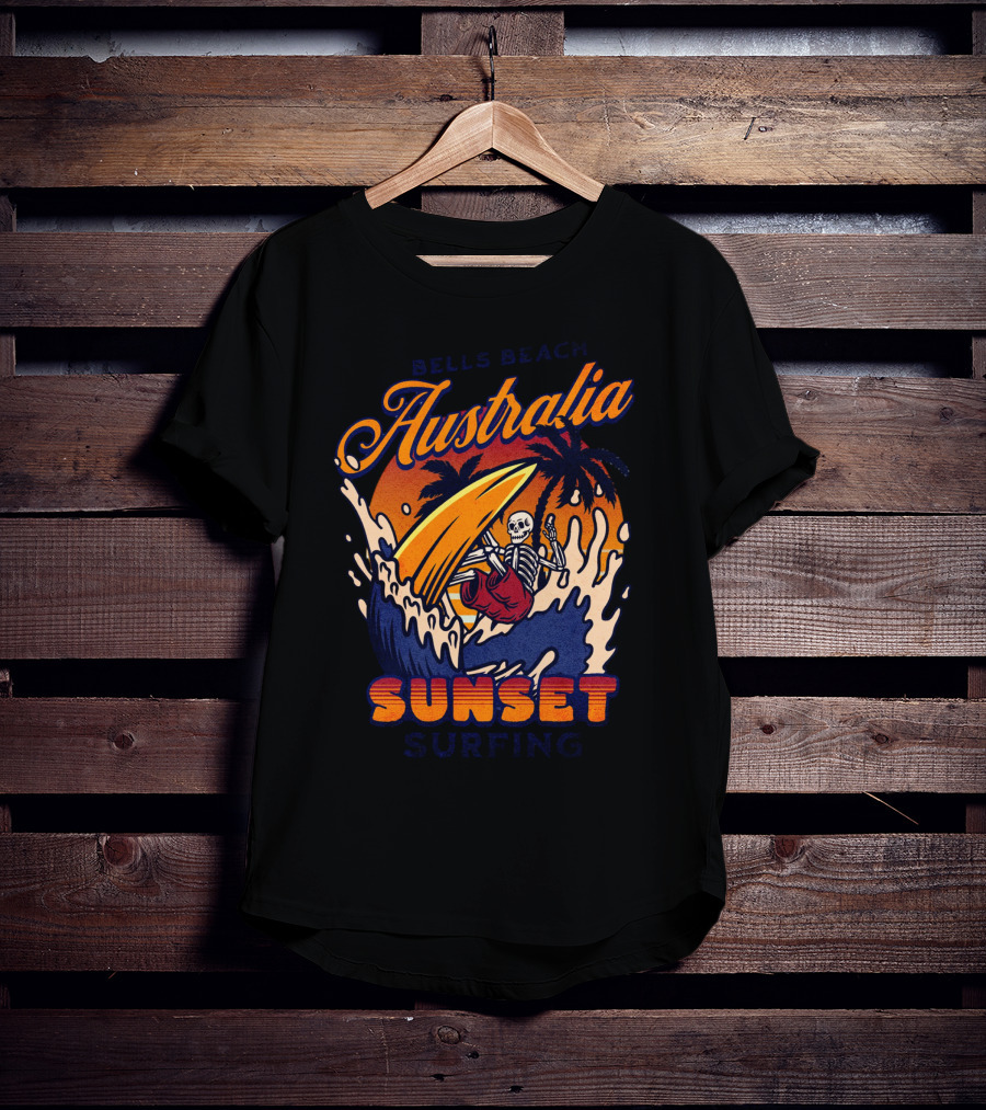 Bells Beach Australia Sunset Surfing Skeleton On Wave With Palm Trees T-Shirt