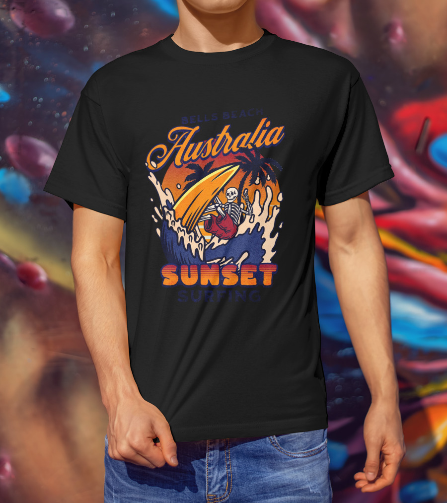 Bells Beach Australia Sunset Surfing Skeleton On Wave With Palm Trees T-Shirt
