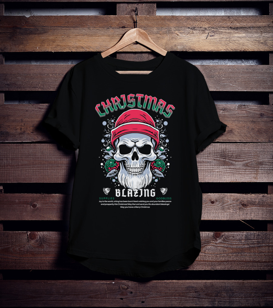 CHAJISMIS Blazing Skull Joy To The World Merry Christmas T-Shirt