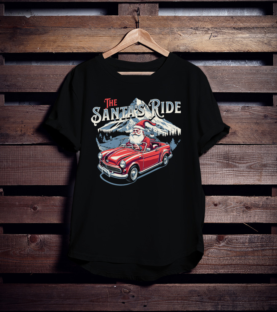 The Santa's Ride With Classic Red Convertible In Winter Mountain Scene T-Shirt