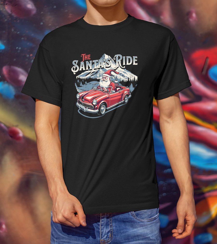 The Santa's Ride With Classic Red Convertible In Winter Mountain Scene T-Shirt