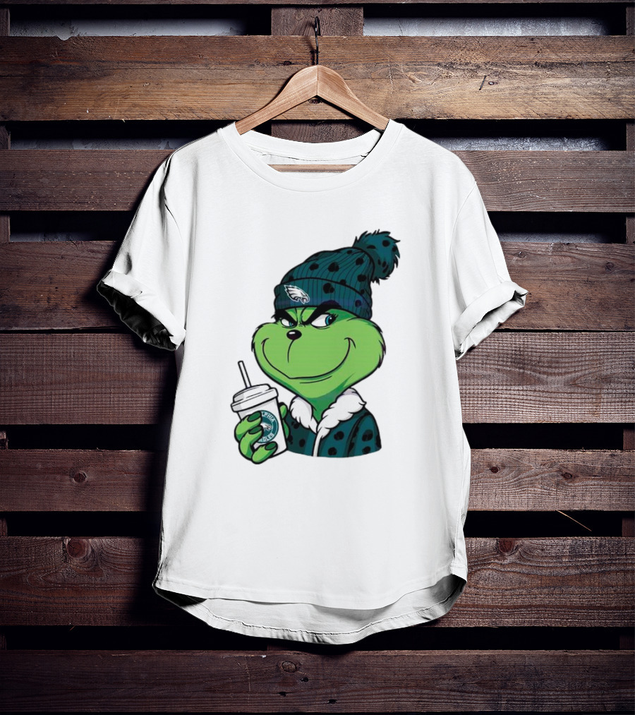 Grinch Holding Cup Wearing Philadelphia Eagles Beanie T-Shirt