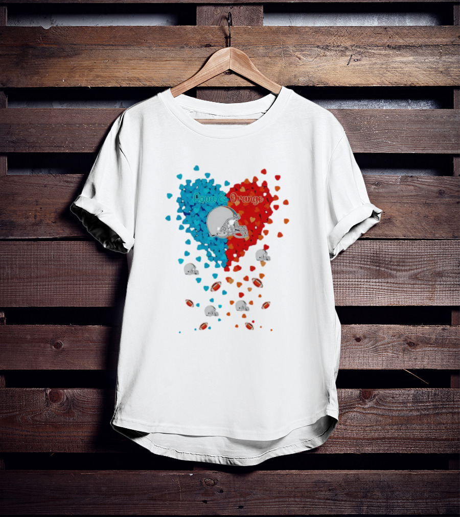 Miami Dolphins Aqua And Orange Heart With Football Helmets And Hearts T-Shirt