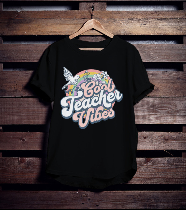 Cool Teacher Vibes Retro Rainbow Floral Design With Dove T-Shirt