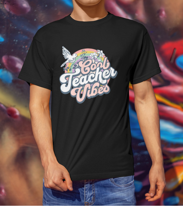 Cool Teacher Vibes Retro Rainbow Floral Design With Dove T-Shirt