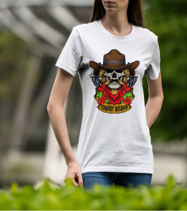 Cowboy Wisdom Skull Western Skeleton Bandana Pistols Flowers T-Shirt